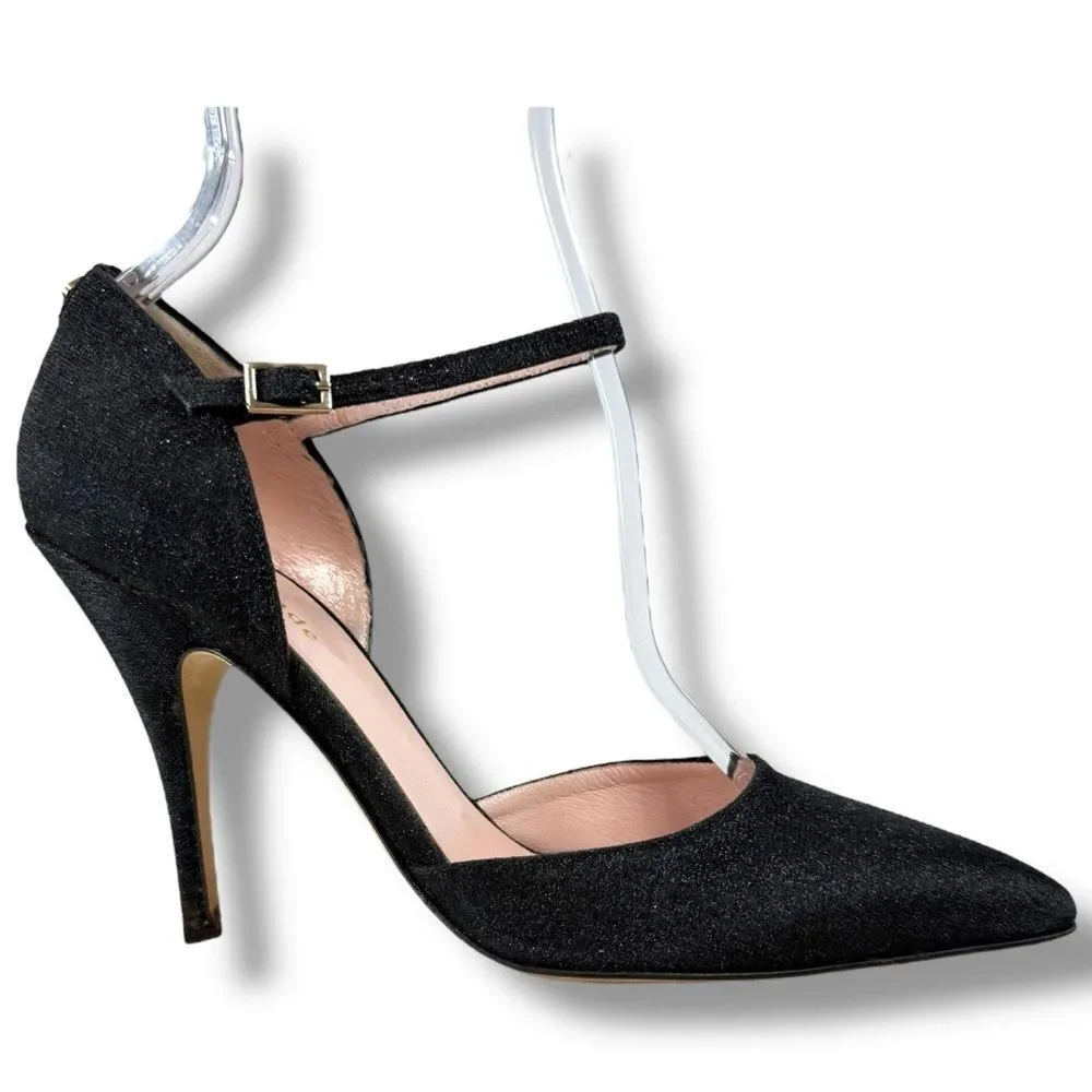 Kate Spade Black Shimmer Womens Pointed Toe D'Orsay Pumps Ankle Strap Heels Sz 7